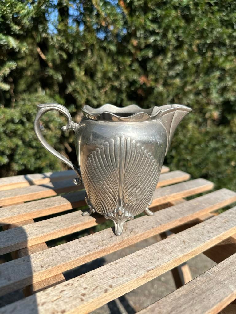 Antiek tinnen theeservies - theepot, suikerpot, melkkan, Ophalen