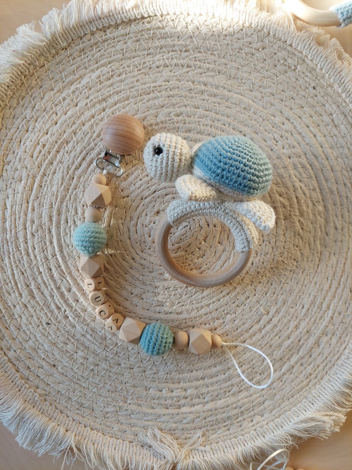 Kraamcadeau setje: rammelaar & speenkoord met naam, baby, Ophalen of Verzenden, Nieuw