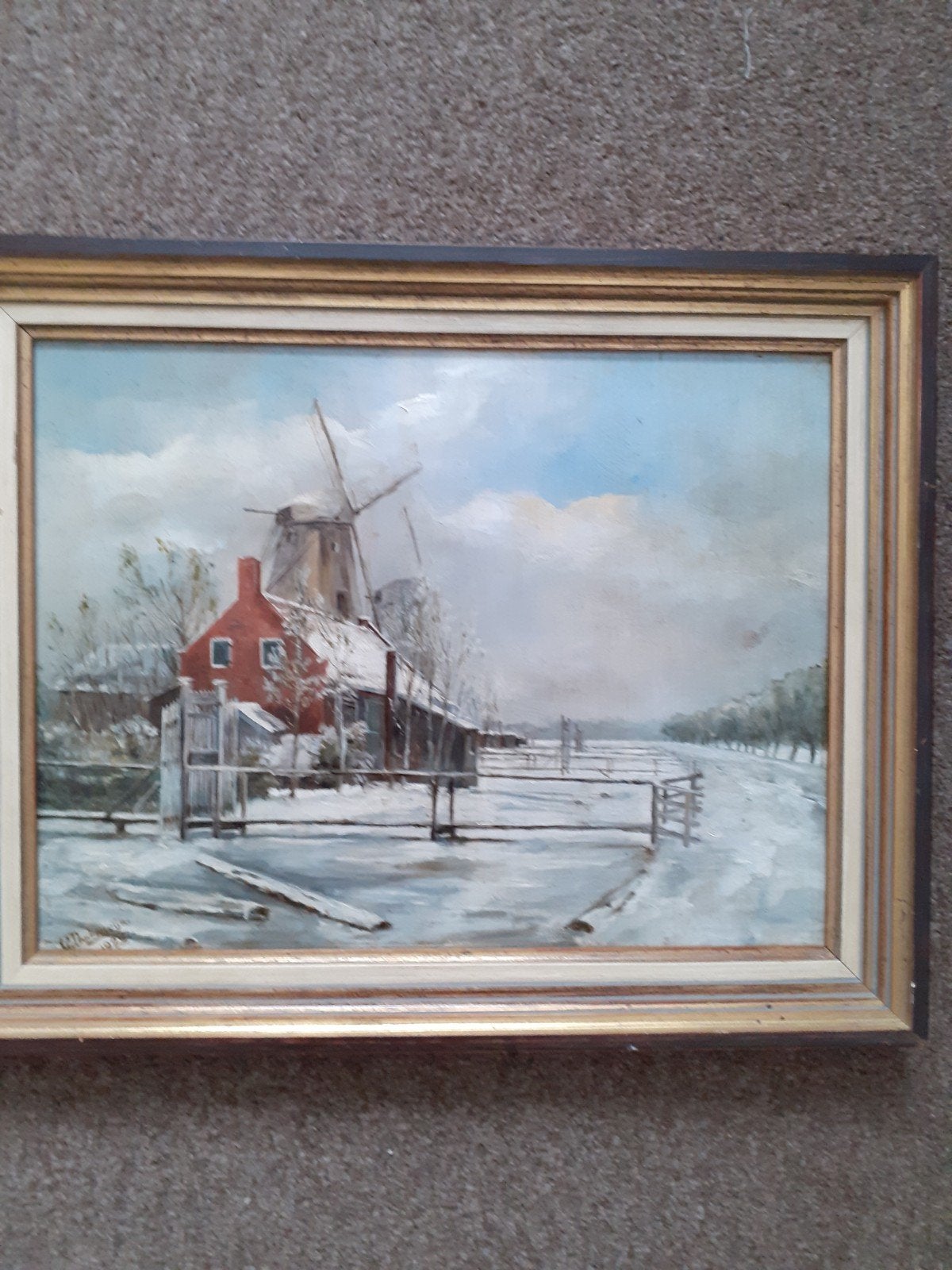 Schilderij molenlandschap in de sneeuw, paneel 30x38.5cm, Antiek en Kunst, Realistisch, Ophalen of Verzenden, Landschap, Olieverf