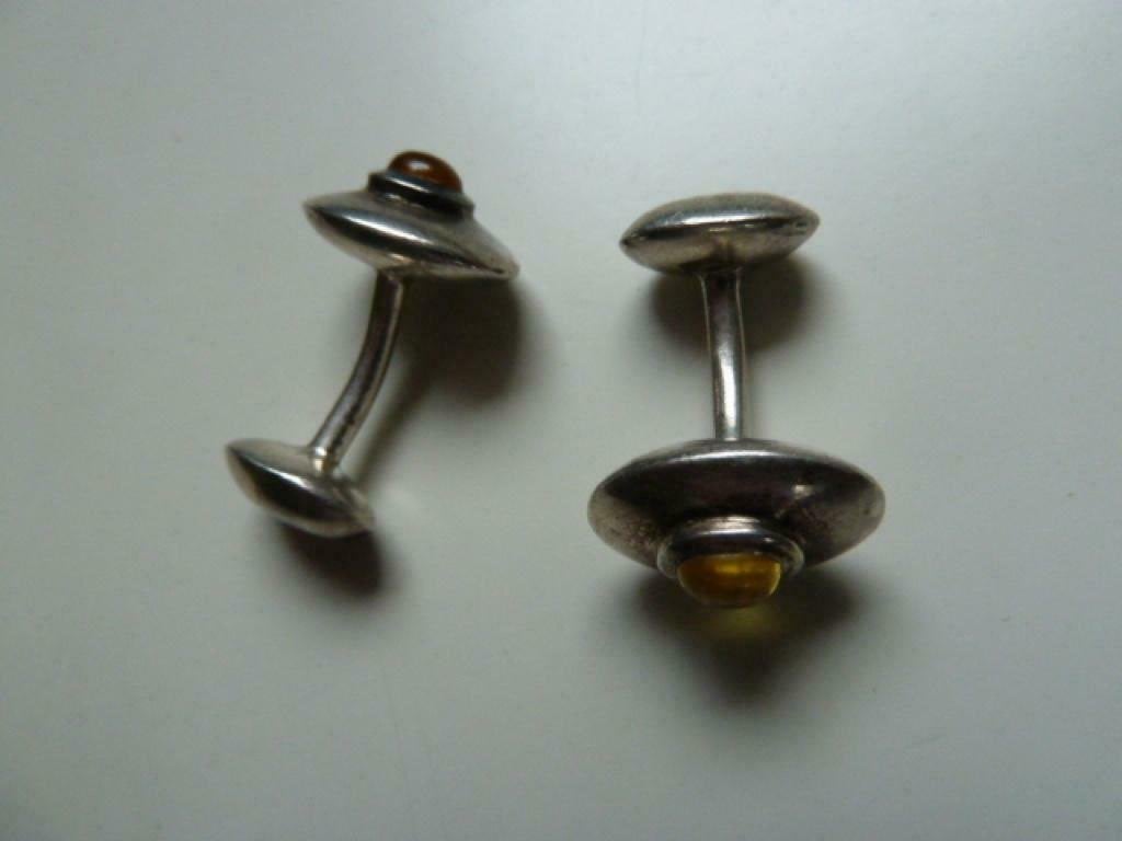 Antieke art deco zilveren manchetknopen + barnsteen cabochon, Verzenden, Zo goed als nieuw, Zilver