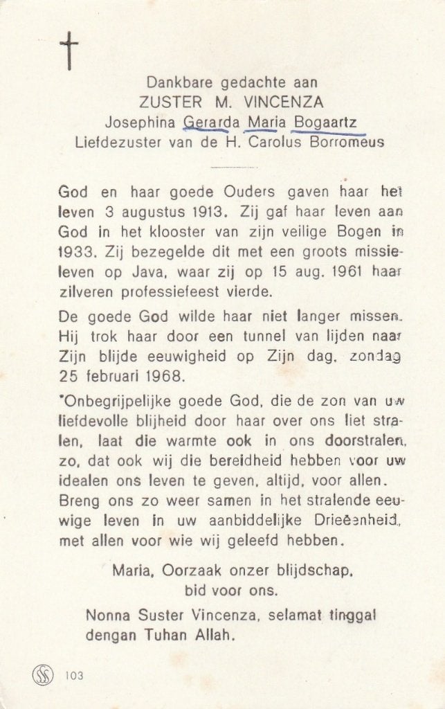 zuster bogaartz-java 1968, Verzamelen, Bidprentjes en Rouwkaarten, Ophalen of Verzenden, Bidprentje