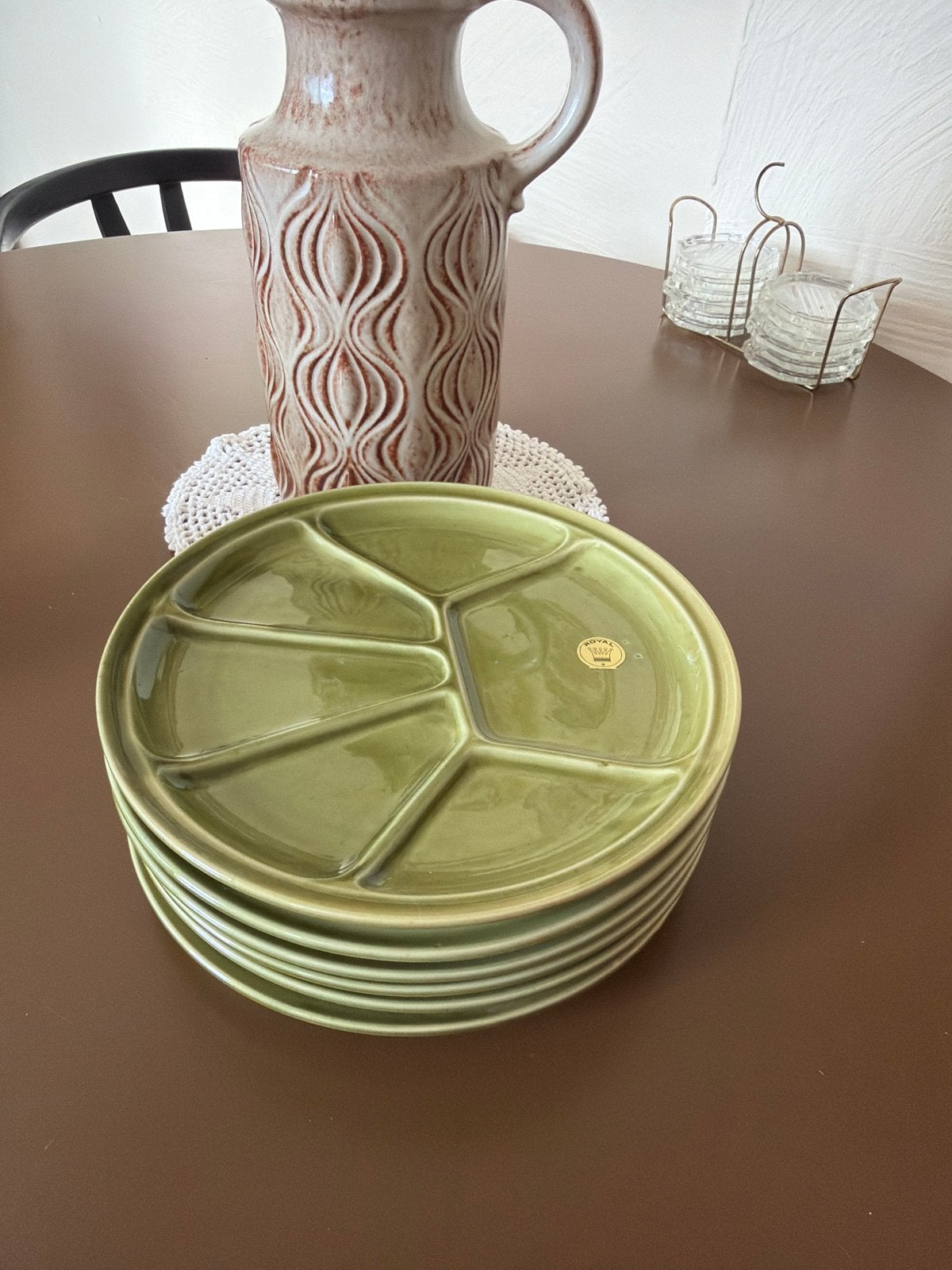 Vintage olijfgroene fondueborden Royal Goedewaagen jaren 70, Antiek en Kunst, Ophalen of Verzenden