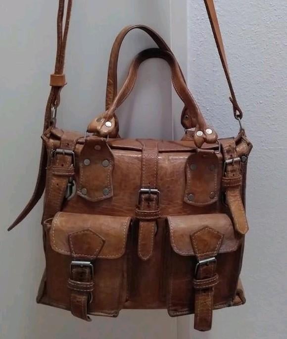 Vintage leren schoudertas (tuigleer) lichtbruin, Sieraden, Tassen en Uiterlijk, Ophalen of Verzenden, Gebruikt, Bruin