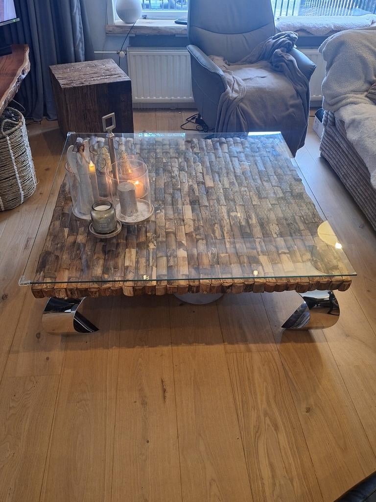 Massieve houten salontafel met glasplaat, Ophalen, Glas, Vierkant, Zo goed als nieuw