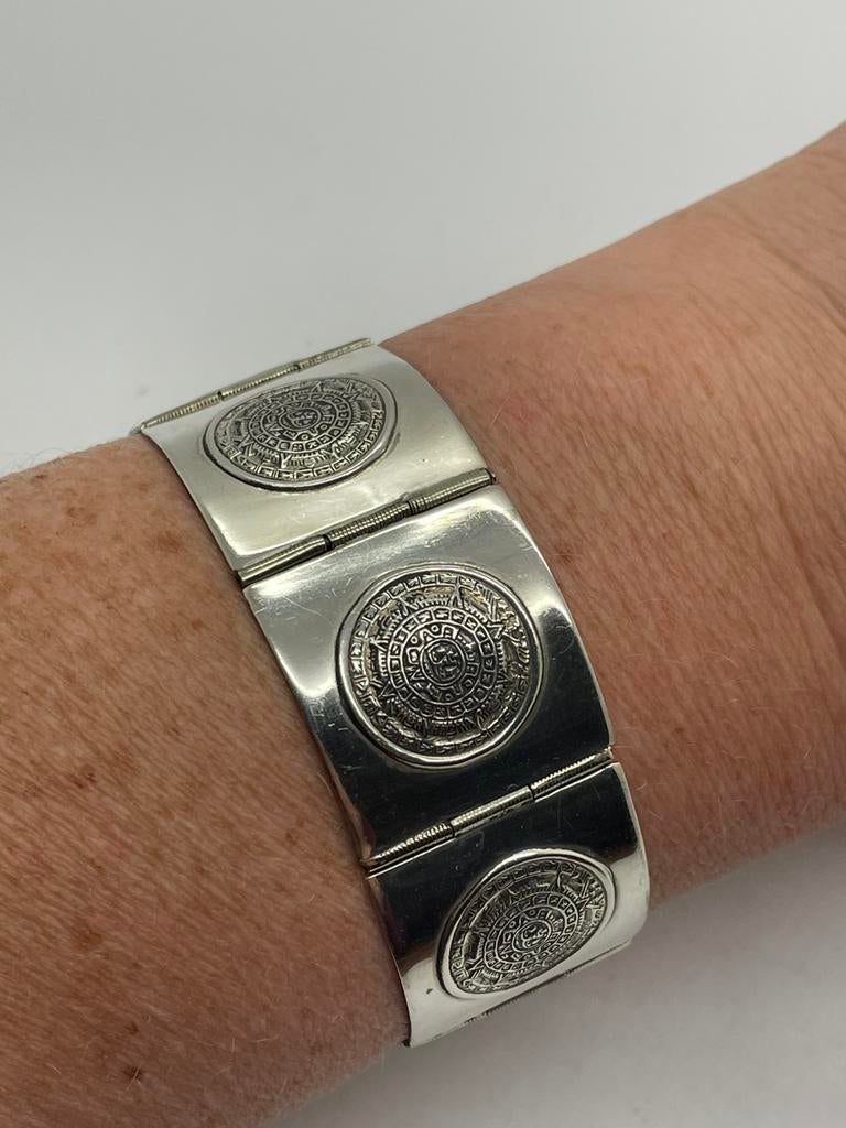 C247 Prachtige zilveren armband Azteekse kalender, Overige materialen, Ophalen of Verzenden, X, Zilver