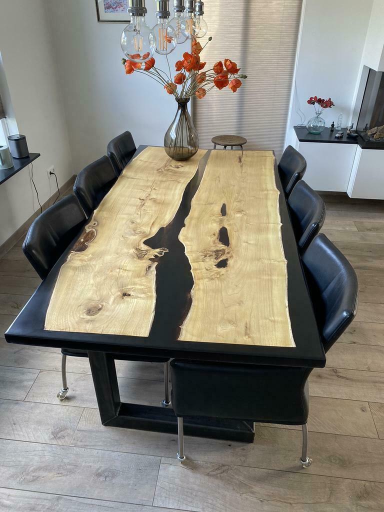 Zwart transparante epoxy eettafel., Huis en Inrichting, Tafels | Eettafels, Unieke epoxytafel, Vijf personen of meer, Overige houtsoorten