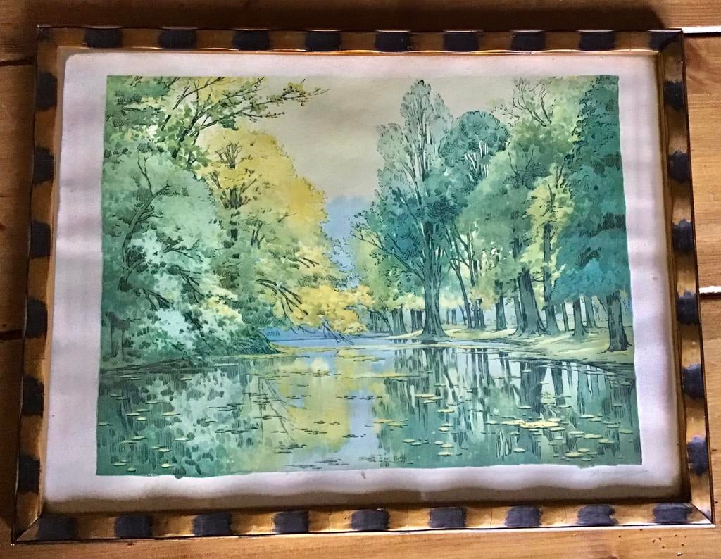 . MOOI OUD GESIGNEERD SCHILDERIJ: WATER MET BOMEN, Antiek en Kunst, Kunst | Schilderijen | Klassiek, Ophalen of Verzenden
