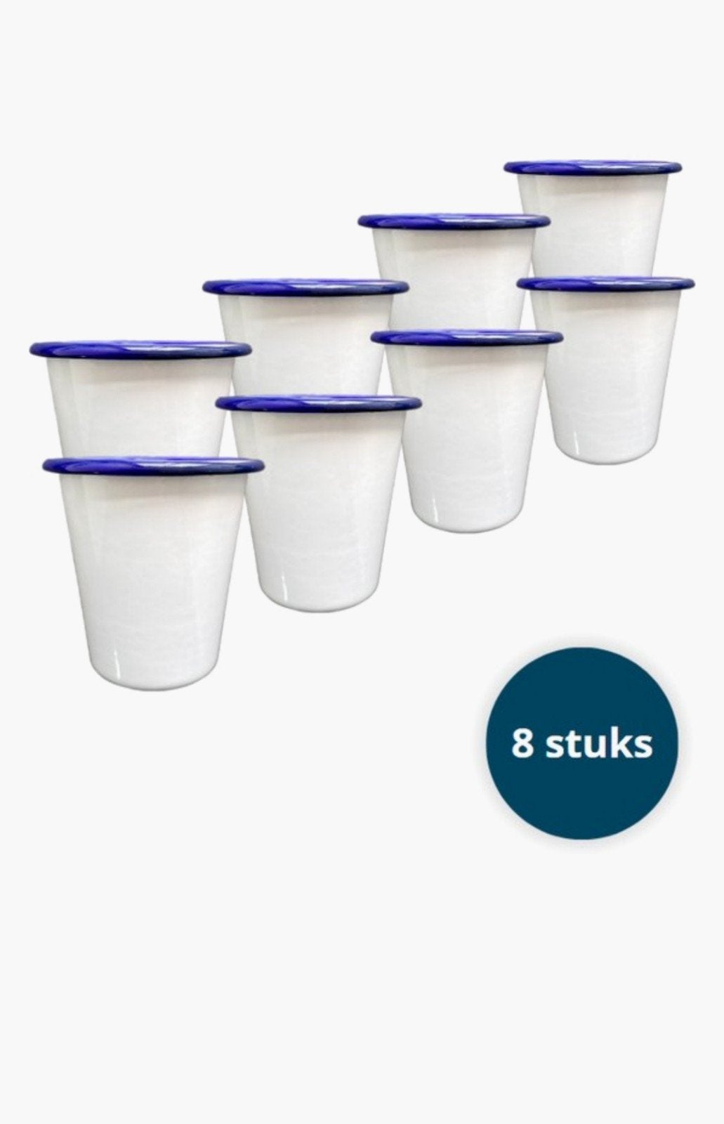 8 nieuwe emaille bekers mokken potjes wit 9 cm hoog., Huis en Inrichting, Keuken | Tupperware, Ophalen of Verzenden, Nieuw, Blauw
