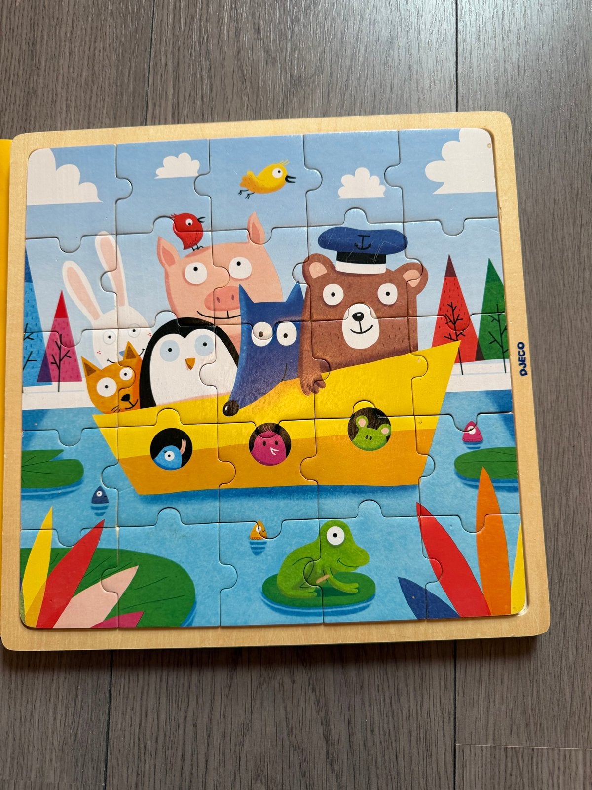 Djeco Houten Puzzel Boot met Dieren - Zo goed als nieuw, Ophalen of Verzenden, Minder dan 500 stukjes, Zo goed als nieuw, Legpuzzel
