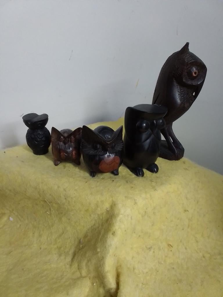 2290)  5 mooie hardhouten uiltjes grootste  14cm, Ophalen of Verzenden