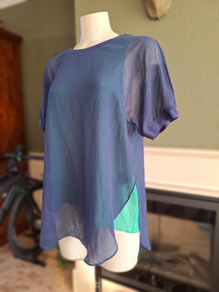 Blauw groen Cop Copine top shirt 2 in 1 look 40 M, Maat 38/40 (M), Cop Copine, Zo goed als nieuw, Korte mouw