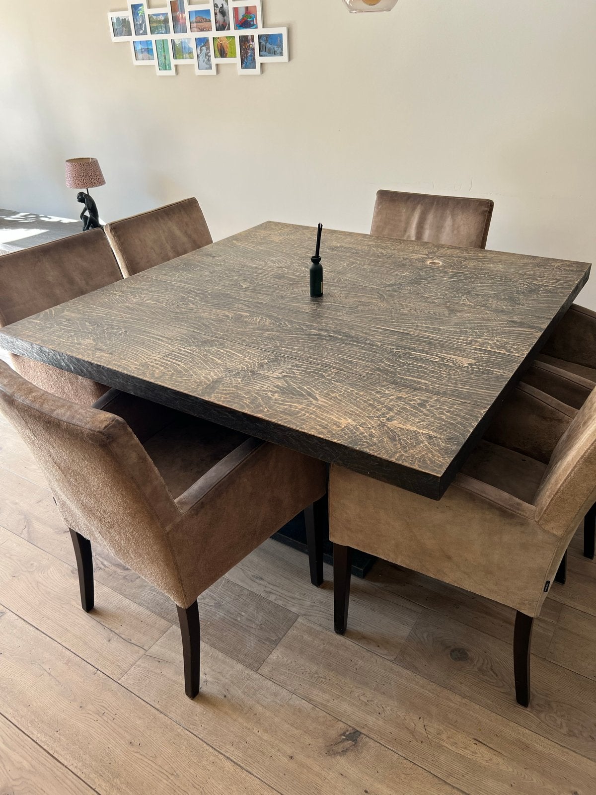 Robuuste eikenhouten eettafel met 6 stoelen, Ophalen, Gebruikt, 100 tot 150 cm, Vier personen