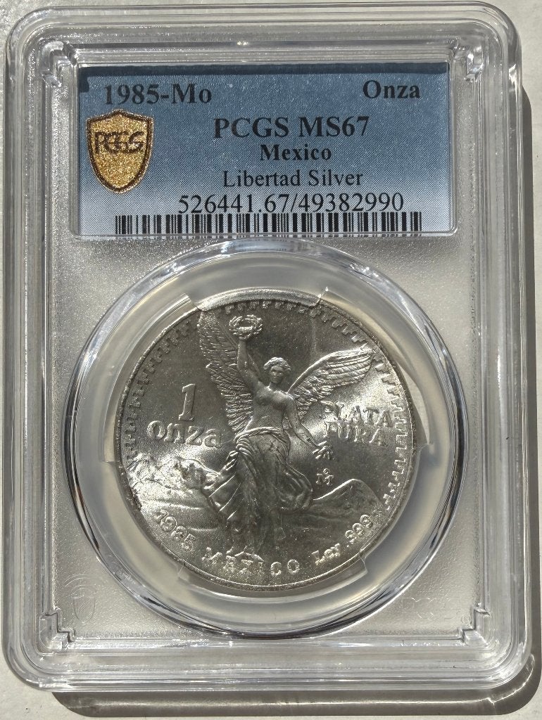 1985 Mexico Onza Libertad 1oz silver PCGS MS67 (Gold Shield), Postzegels en Munten, Munten | Amerika, Ophalen, Midden-Amerika