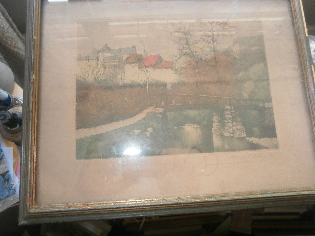 Wazige kleurets onbekende plek, Antiek en Kunst, Ophalen, Ets