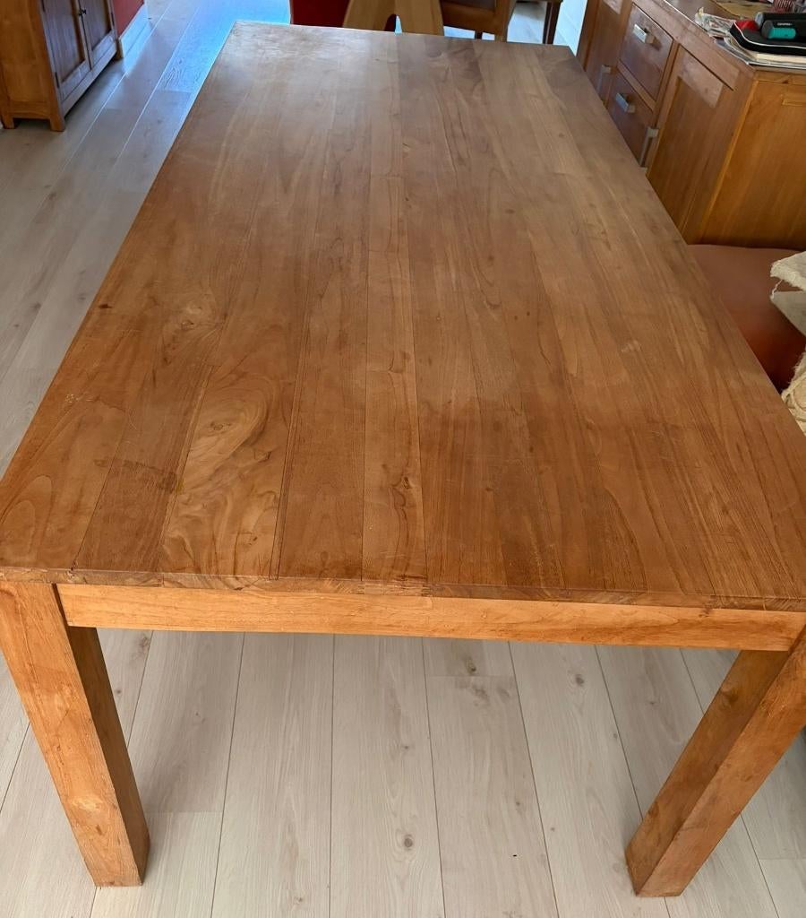 Mooie teakhout tafel 220 x 100 cm, Ophalen, Gebruikt, 200 cm of meer, 50 tot 100 cm