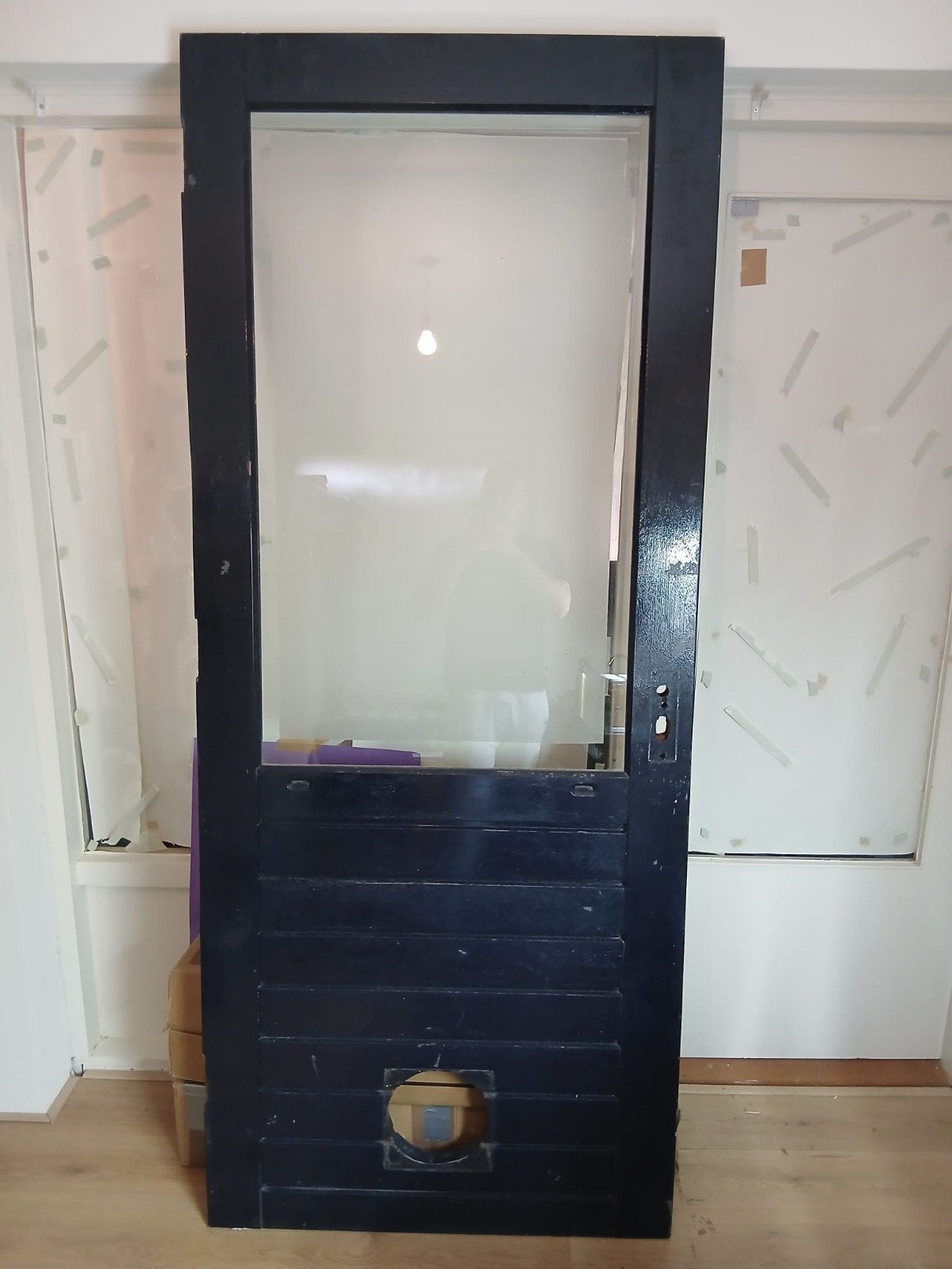 Zwarte deur met glas en kattenluik, Ophalen, Gebruikt, 80 tot 100 cm, Binnendeur