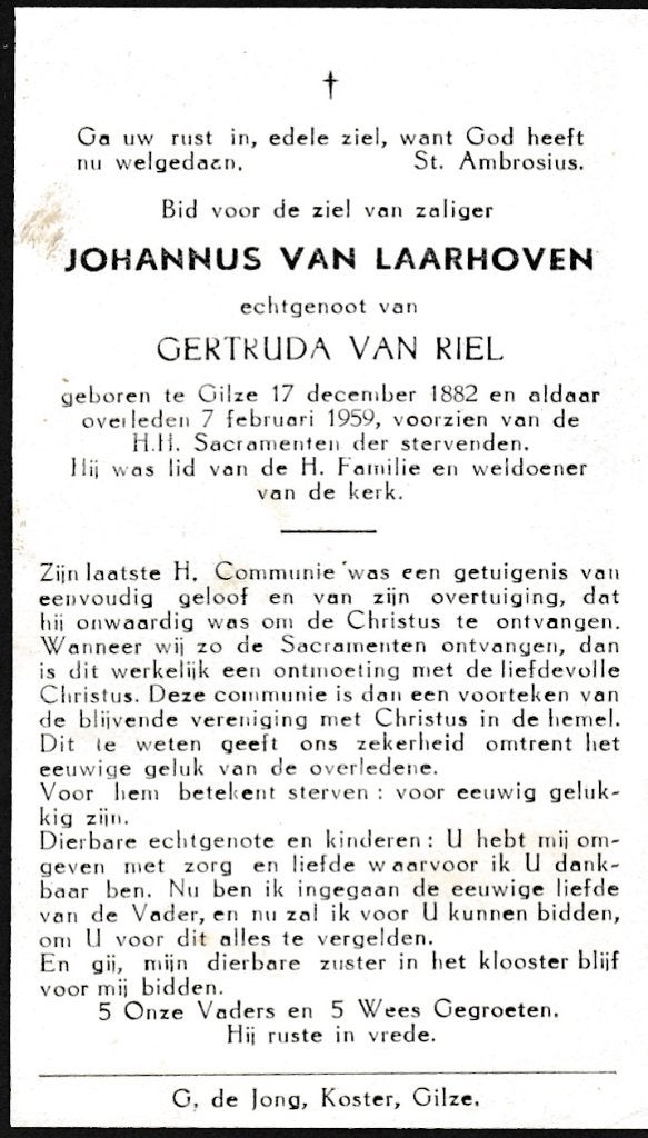 Laarhoven Johannus 1882 Gilze 1959, Ophalen of Verzenden, Bidprentje