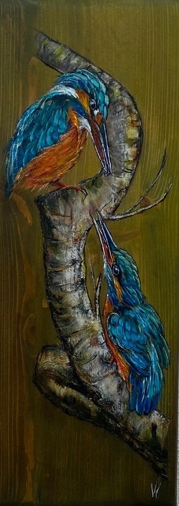 Schilderij ijsvogels op gebruikt hout, Acrylverf, Hout, Ophalen of Verzenden, Dieren