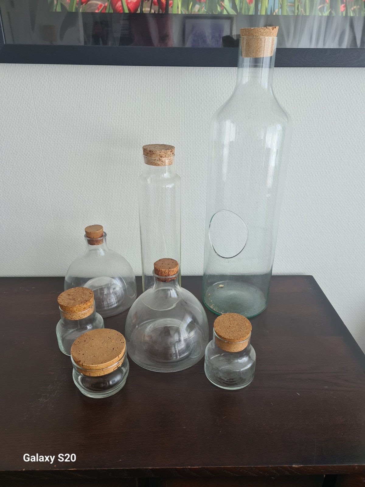 Set van 6 glazen vazen/flessen met kurk, Ophalen, Gebruikt, Transparant, Glas