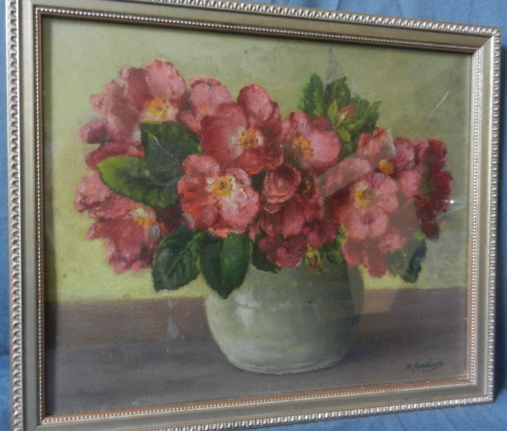 Olieverf Bloemen in vaas Willem Raaphorst 1870-1963 24x30 cm, Bloemen, Paneel, Impressionistisch, Ophalen of Verzenden