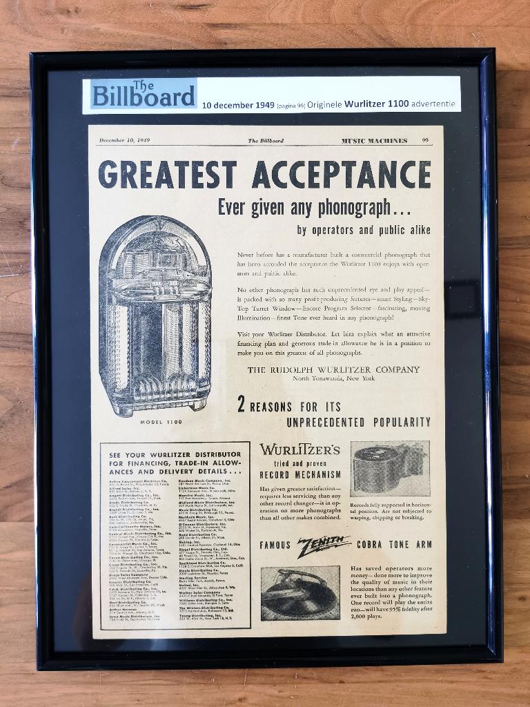 Originele Wurlitzer 1100 advertentie - 10 december 1949, Verzamelen, Automaten | Jukeboxen, Ophalen of Verzenden, Zo goed als nieuw