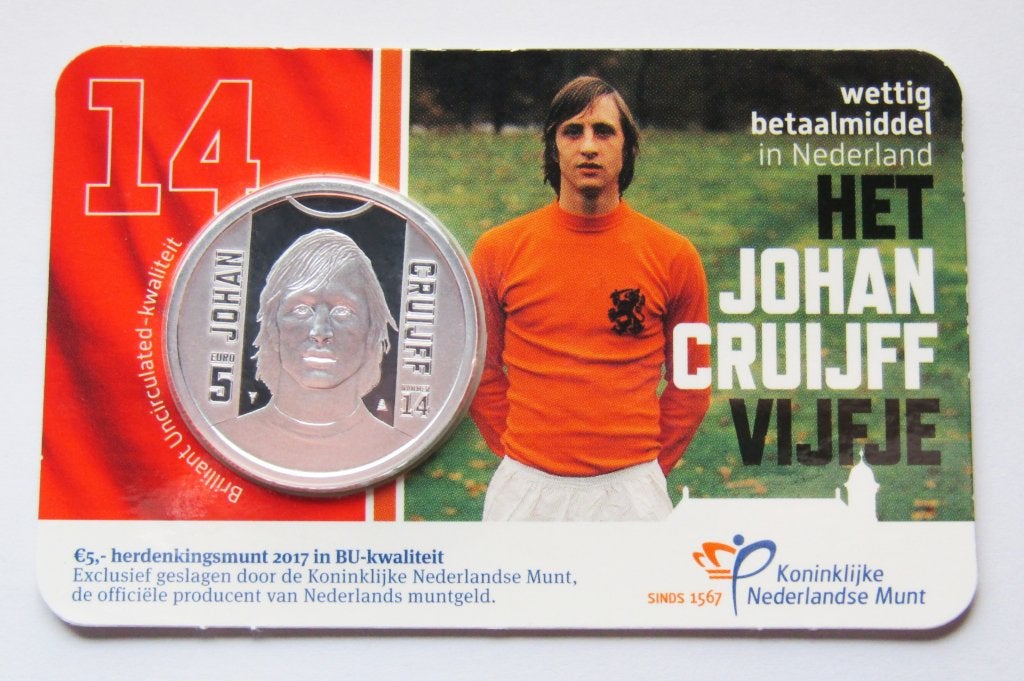 ** Johan Cruijf coin card 2017 €5,- zwaar verzilverd UNC **, Verzenden, Vóór koninkrijk, Overige waardes, Losse munt