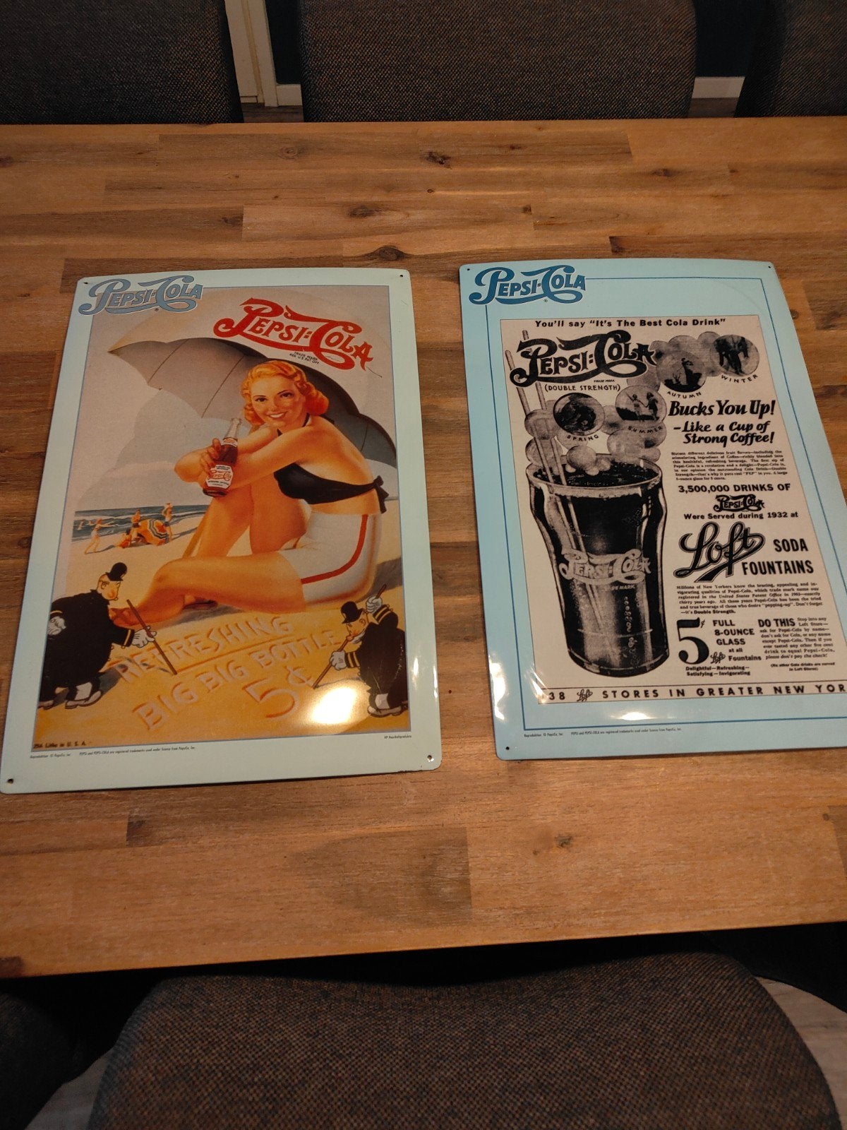 2 Vintage Pepsi-Cola Reclameborden - Strand & Soda Fountain, Verzamelen, Ophalen of Verzenden, Gebruikt, Reclamebord