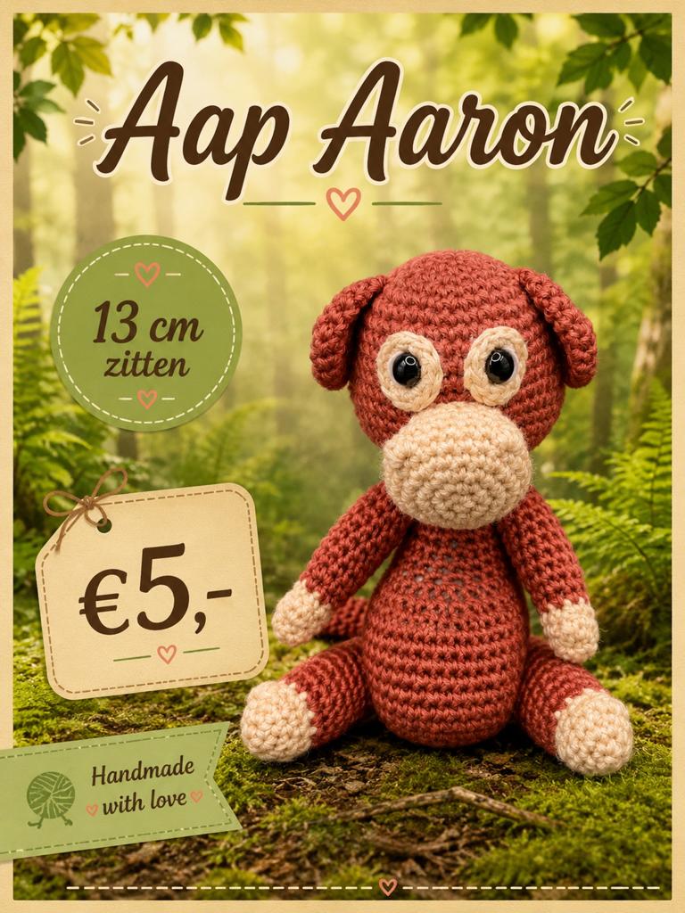 Nieuwe gehaakte Aap Aaron knuffel, 13 cm, uit rookvrij huis, Kinderen en Baby's, Speelgoed | Knuffels en Pluche, Handgemaakt, Nieuw
