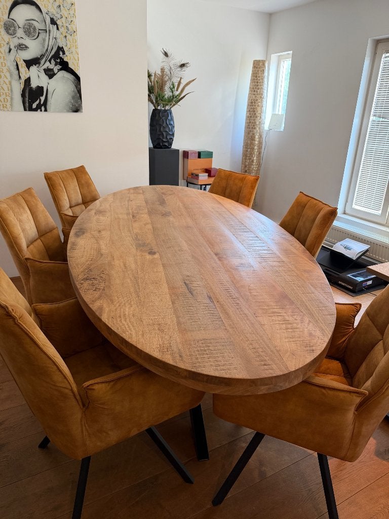 Complete eetkamerset | 260 cm | ovale tafel en draaistoelen, Ophalen of Verzenden, Zo goed als nieuw, Industrieel, 4 tot 6 stoelen