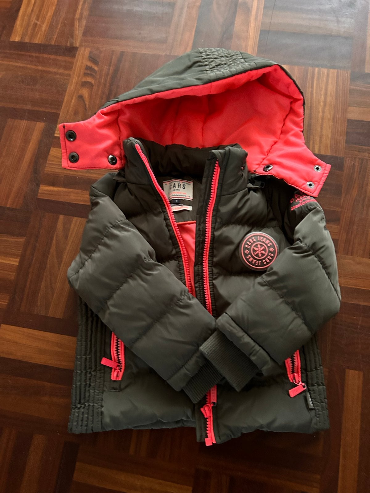 Cars Jeans winterjas maat 2 (ca. 92) - groen met roze, Ophalen of Verzenden, Gedragen, Maat 34 (XS) of kleiner, Groen