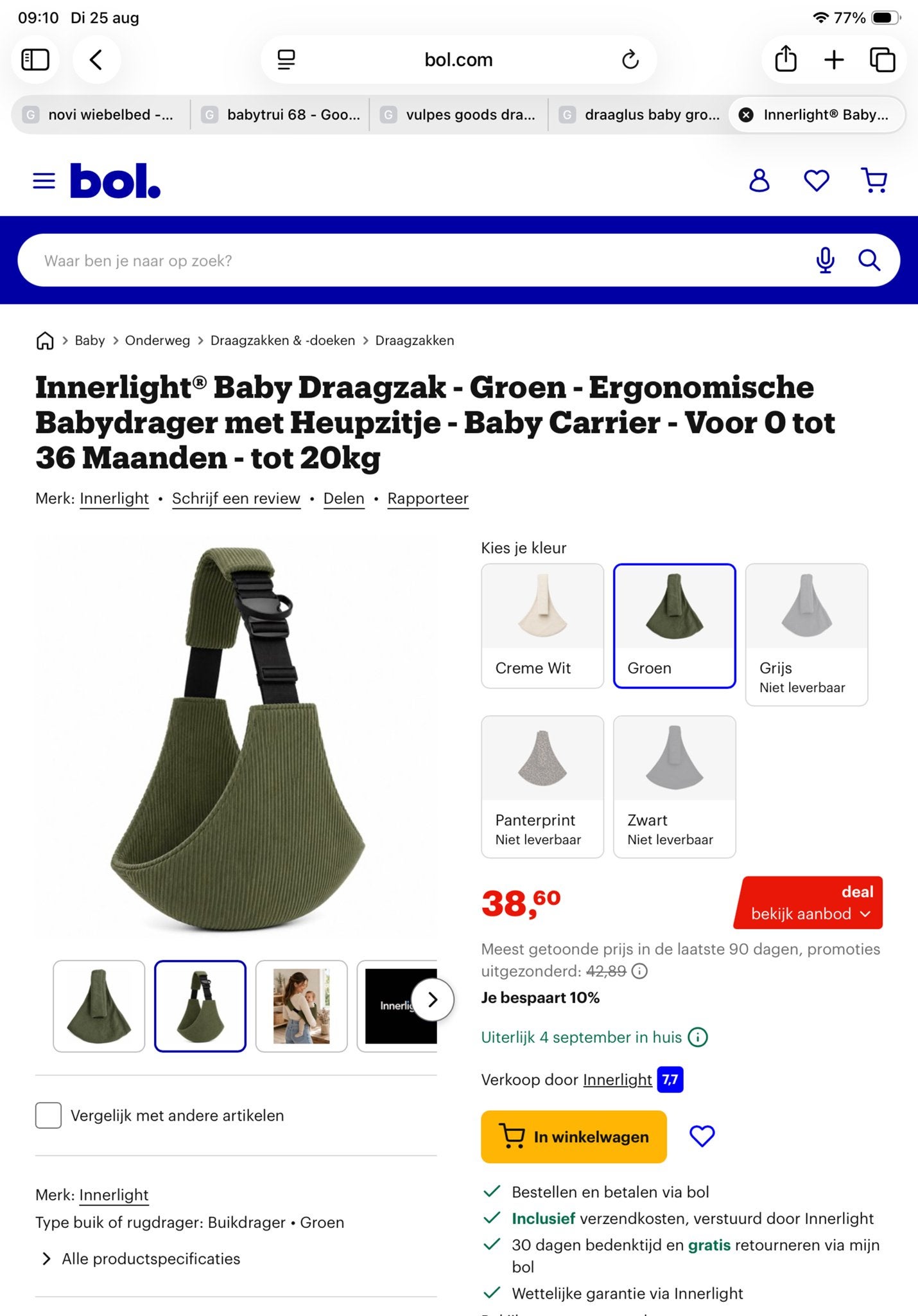 Innerlight Baby Draagzak - Feller Groen - Nieuw, Buik of Rug, Nieuw, Draagzak, Ophalen