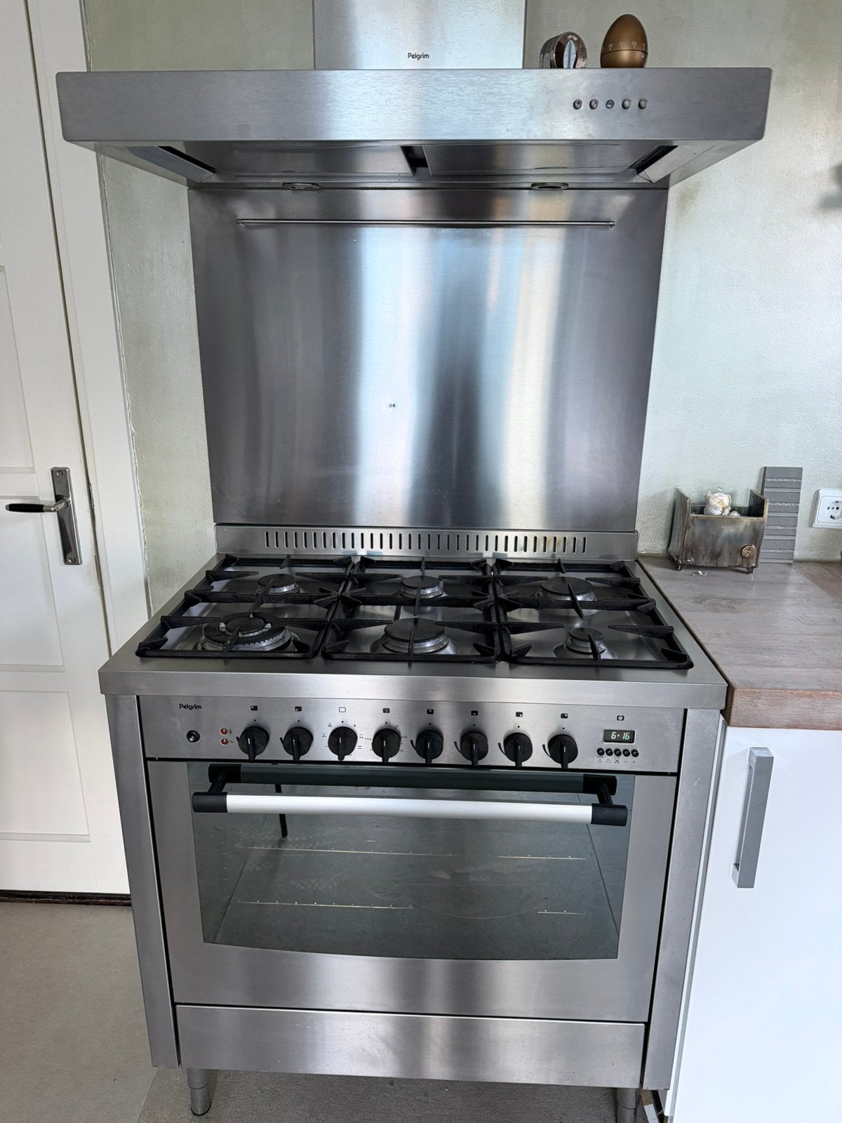 6-pits gasfornuis met afzuigkap, 90 cm oven, Ophalen, Gebruikt, 60 cm of meer, Gas