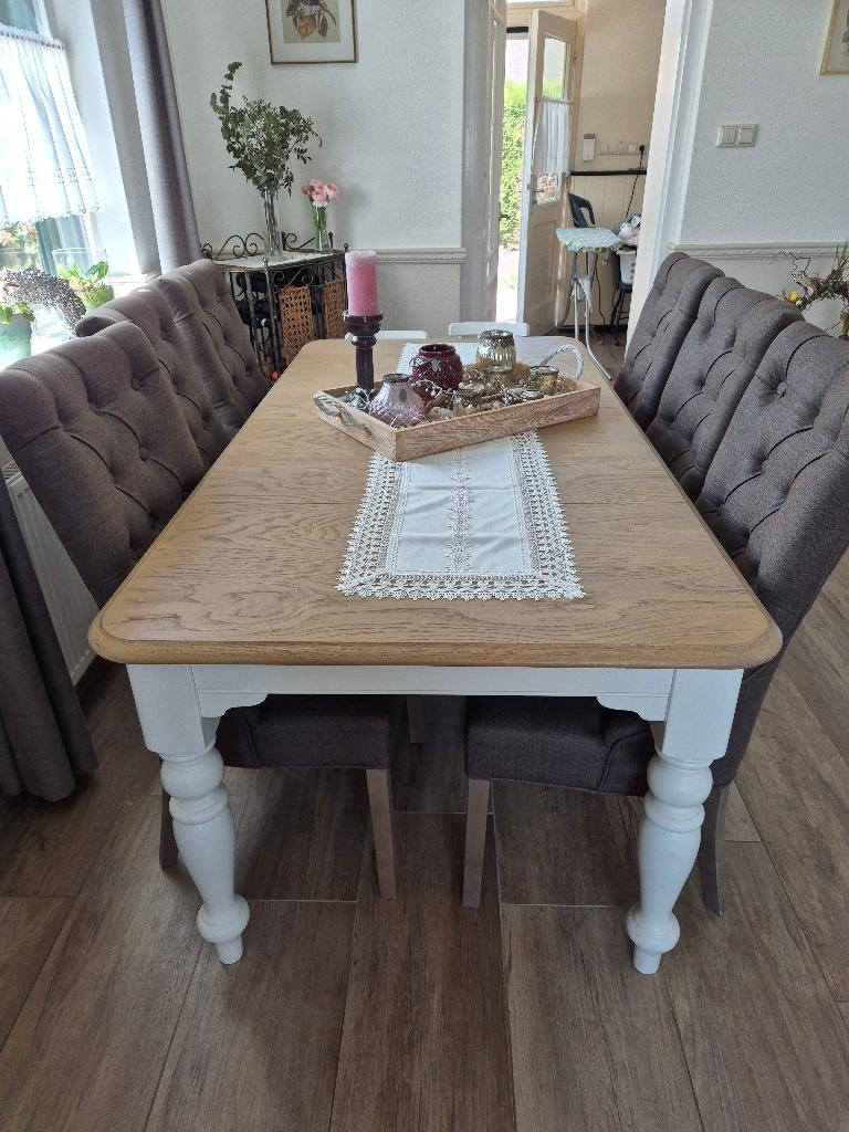 Eettafelset met uitschuifbare houten tafel, Ophalen, Gebruikt, Landelijk, 4 tot 6 stoelen