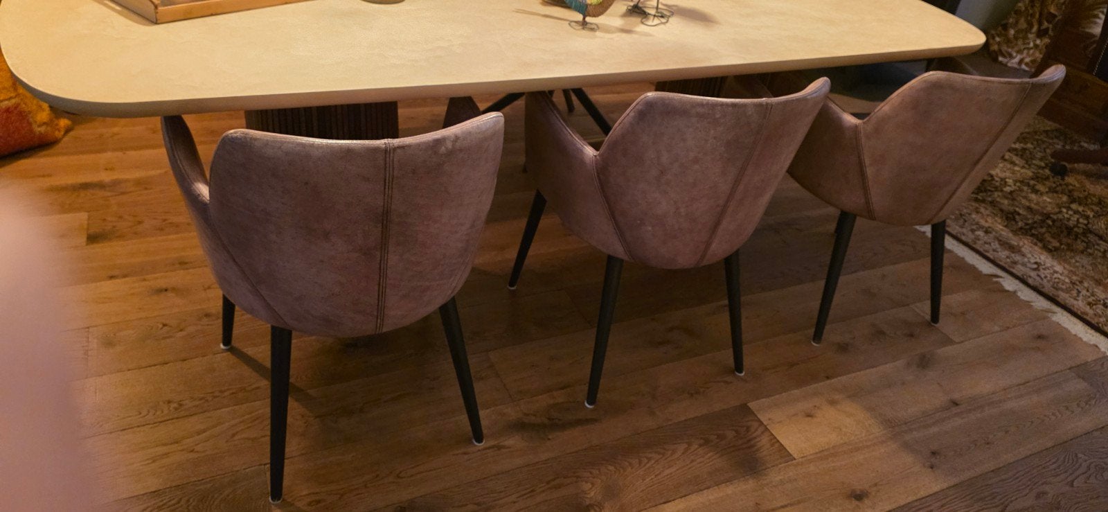Bruine leren eetkamerstoelen  (set van 3), Ophalen, Gebruikt, Bruin, Hout