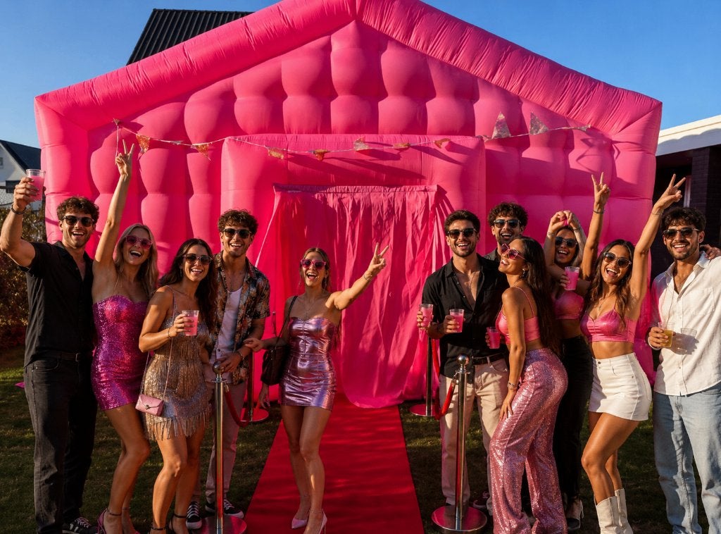 Huur een rose opblaasbare partytent, Partytent, 6 meter of meer, Zo goed als nieuw, 5 tot 8 meter