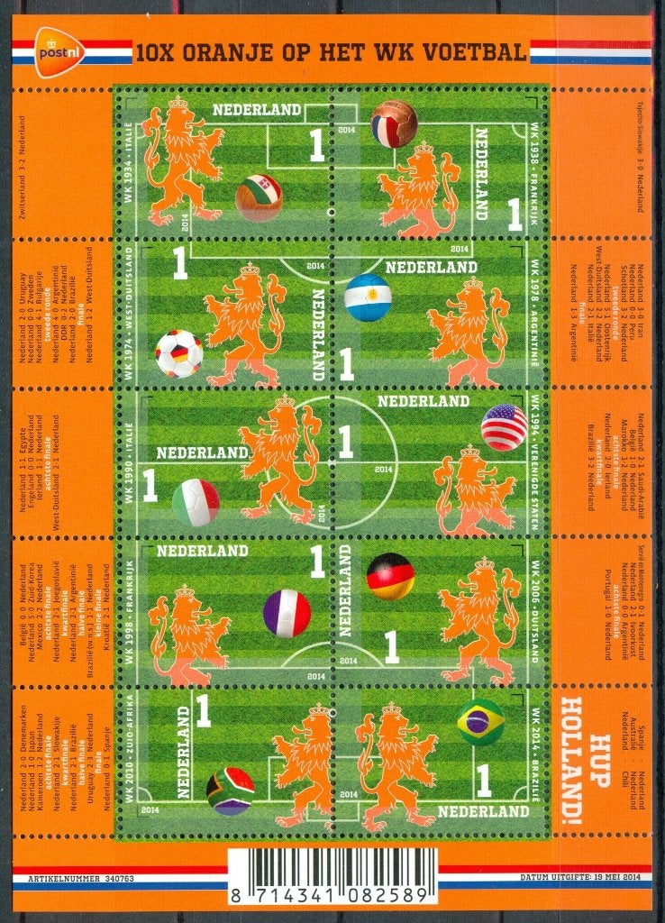 Ned. NVPH V3187-3196 Oranje op het WK voetbal 2014, Postzegels en Munten, Ophalen of Verzenden, Na 1940, Postfris
