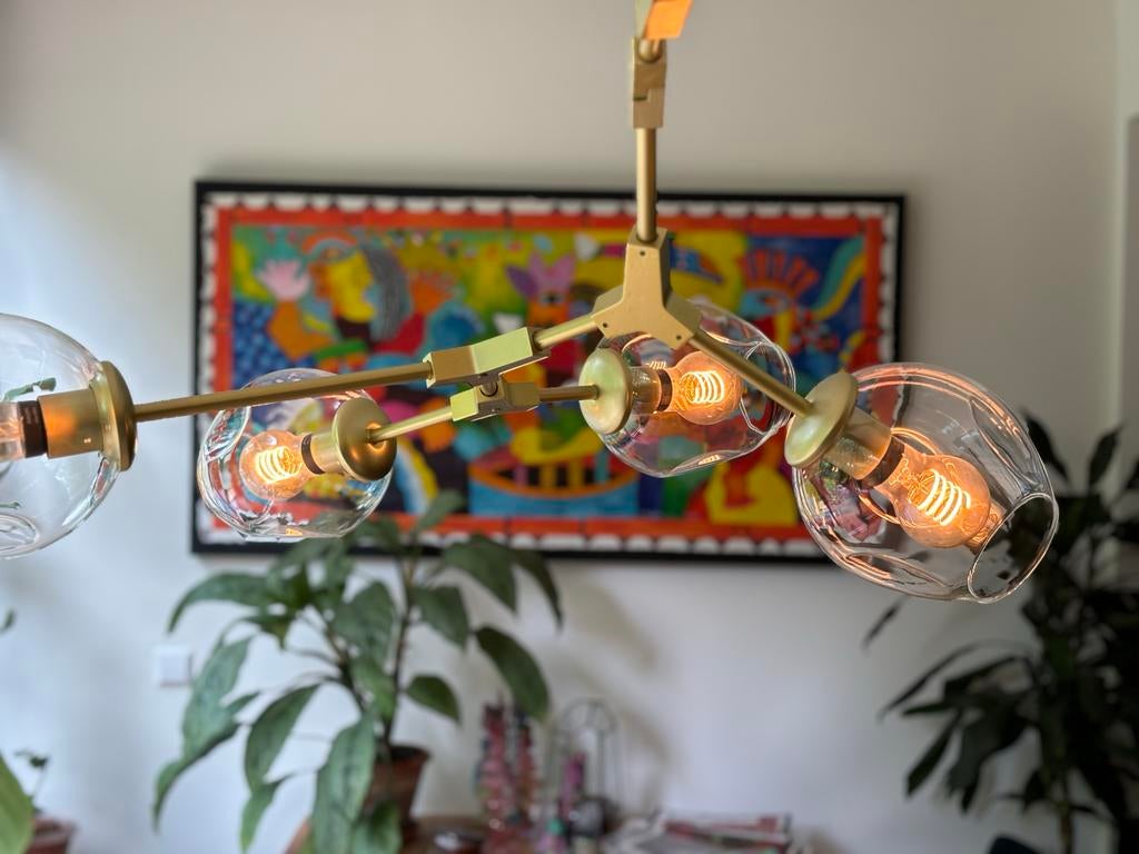Gouden hanglamp met 7 glazen bollen, Ophalen, Parijs cafe, 50 tot 75 cm, Glas