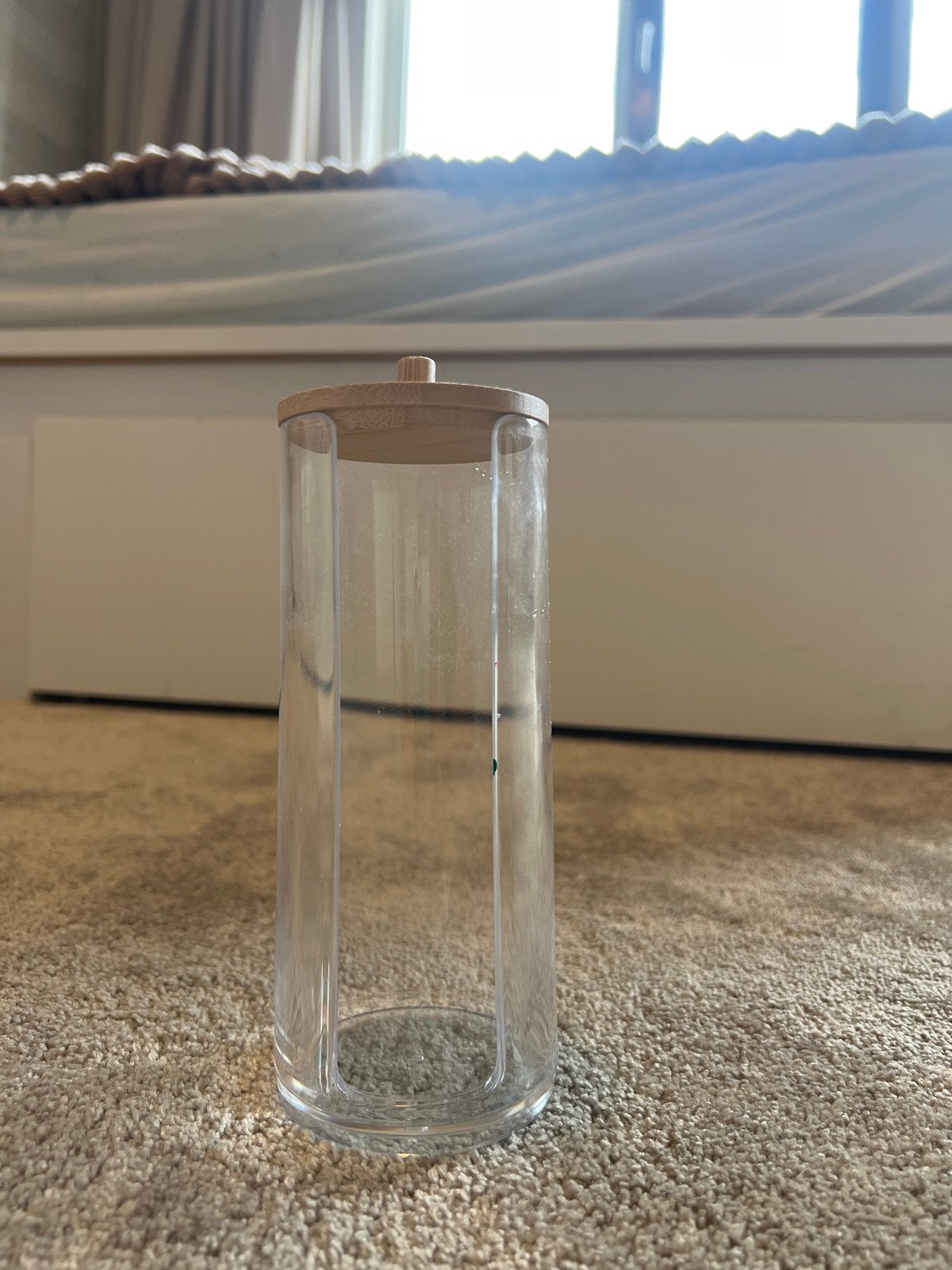 Wattenschijfjeshouder met bamboe deksel, Ophalen of Verzenden, Zo goed als nieuw, Kunststof, Modern
