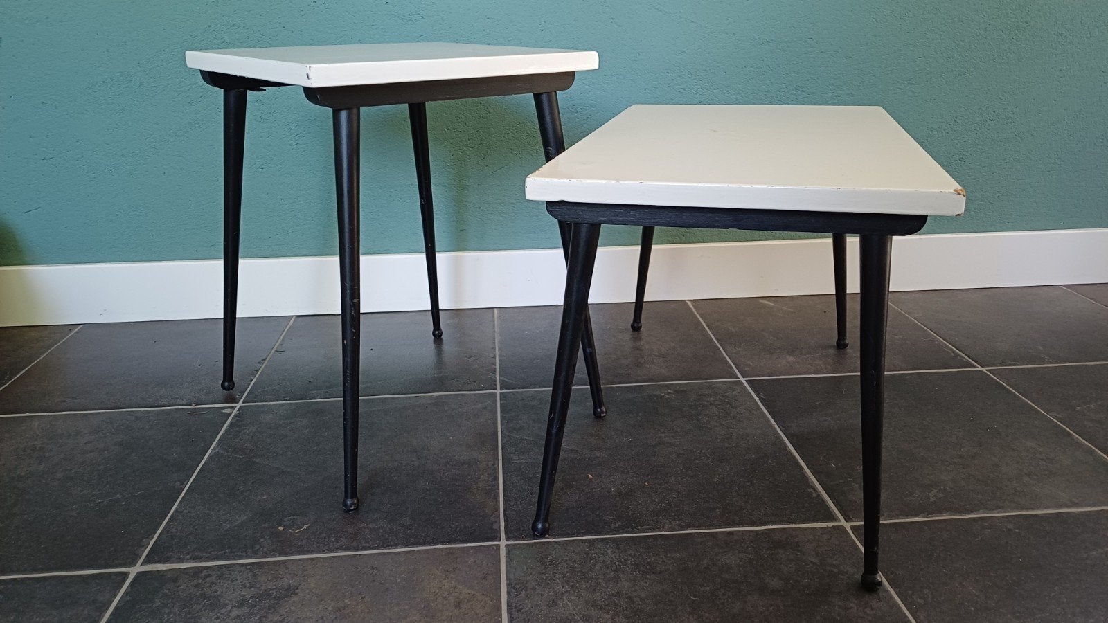 Set 2 bijzettafeltjes salontafels industrieel wit, Minder dan 45 cm, Minder dan 55 cm, Gebruikt, Vierkant