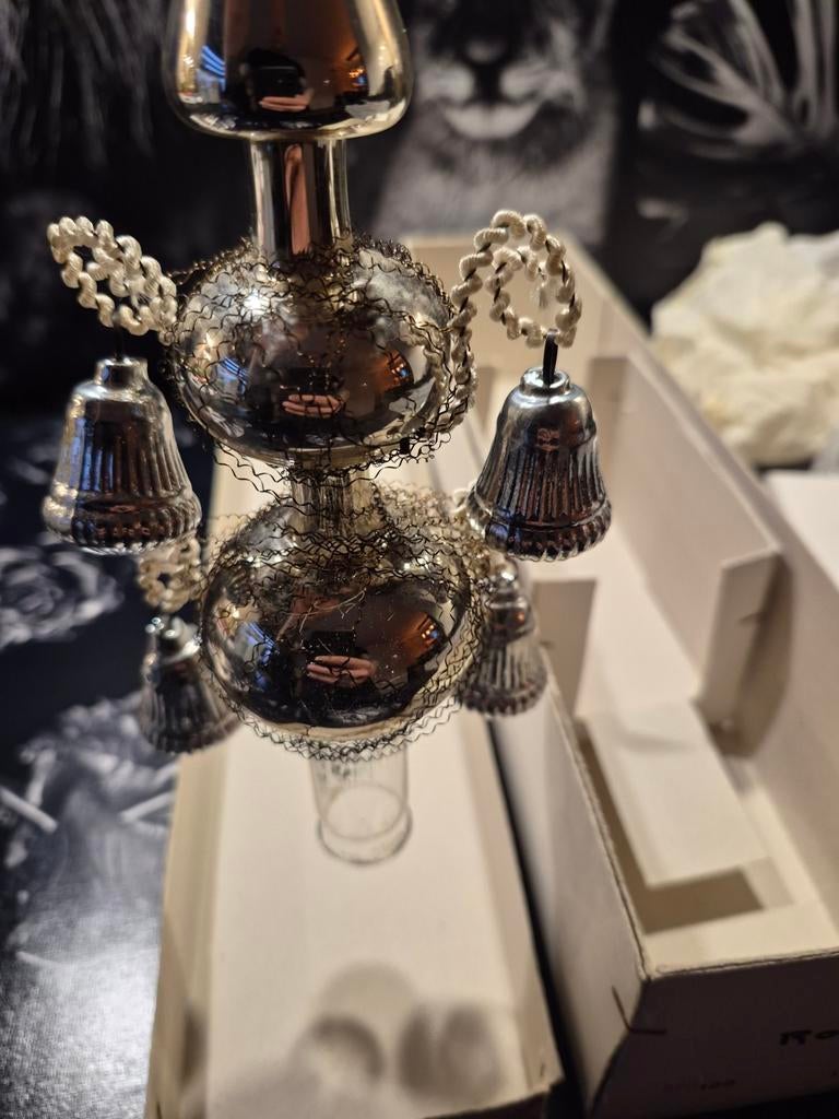 Vintage Kerstboompiek met Bellen - Zilverkleurig Glas, Ophalen of Verzenden