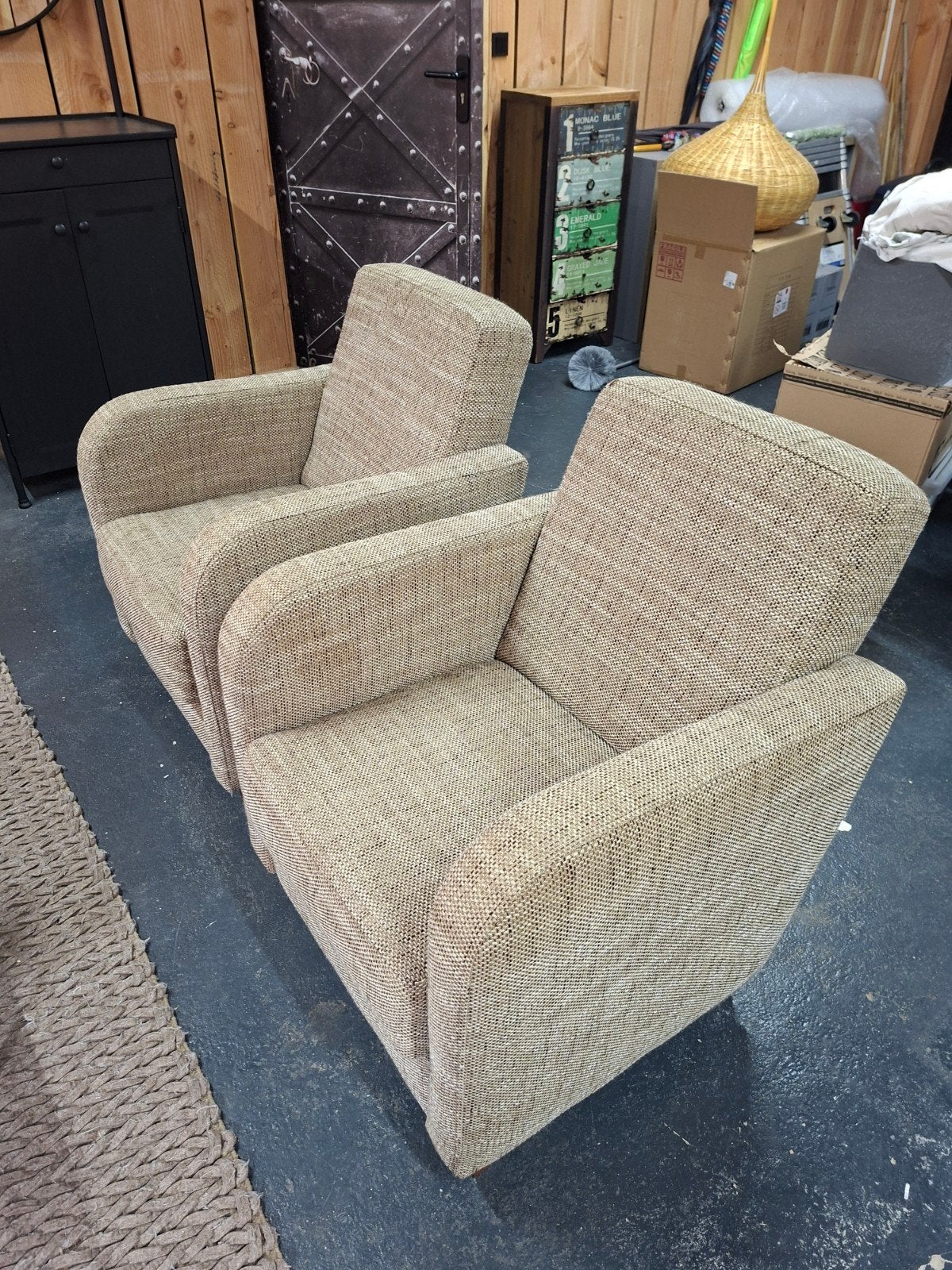 Twee comfortabele fauteuils in beige stof, Ophalen, Gebruikt, 75 tot 100 cm, 75 tot 100 cm