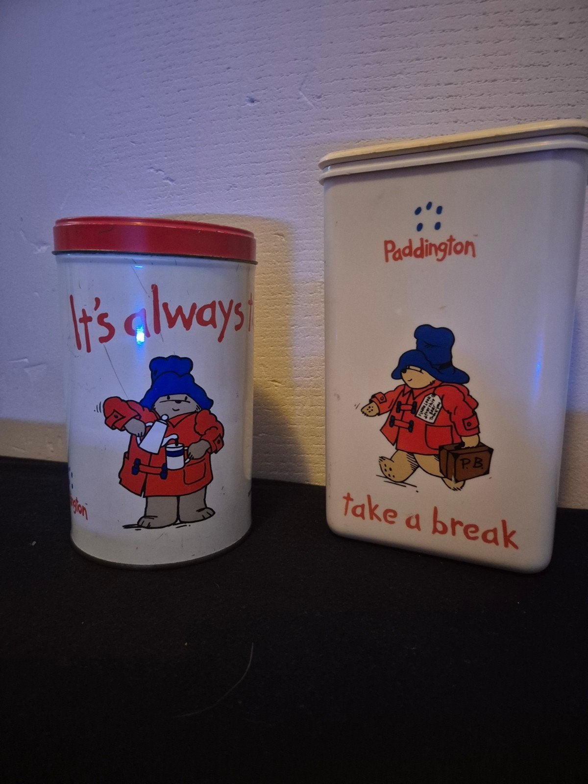 Vintage Douwe Egberts Paddington Bear blikken (set van 2), Ophalen of Verzenden, Gebruikt, Koffie, Douwe Egberts