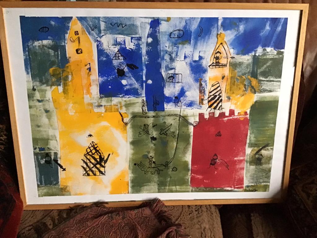 Groot Kleurrijke Schilderij in Lijst achter Glas, Ophalen