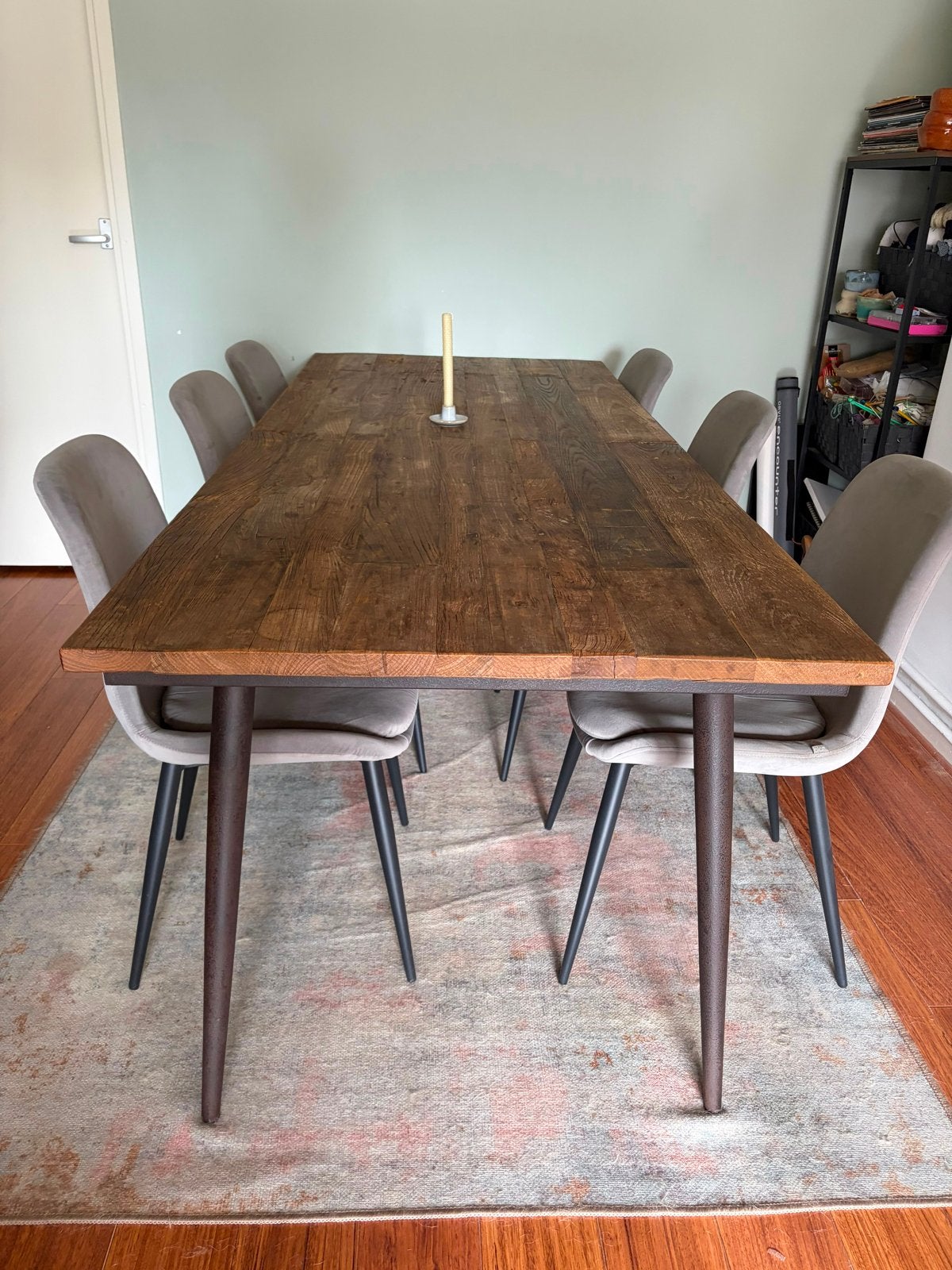 Grote eettafel 220x90 – massief gerecycled hout & staal, Ophalen, Overige materialen, Gebruikt, 200 cm of meer