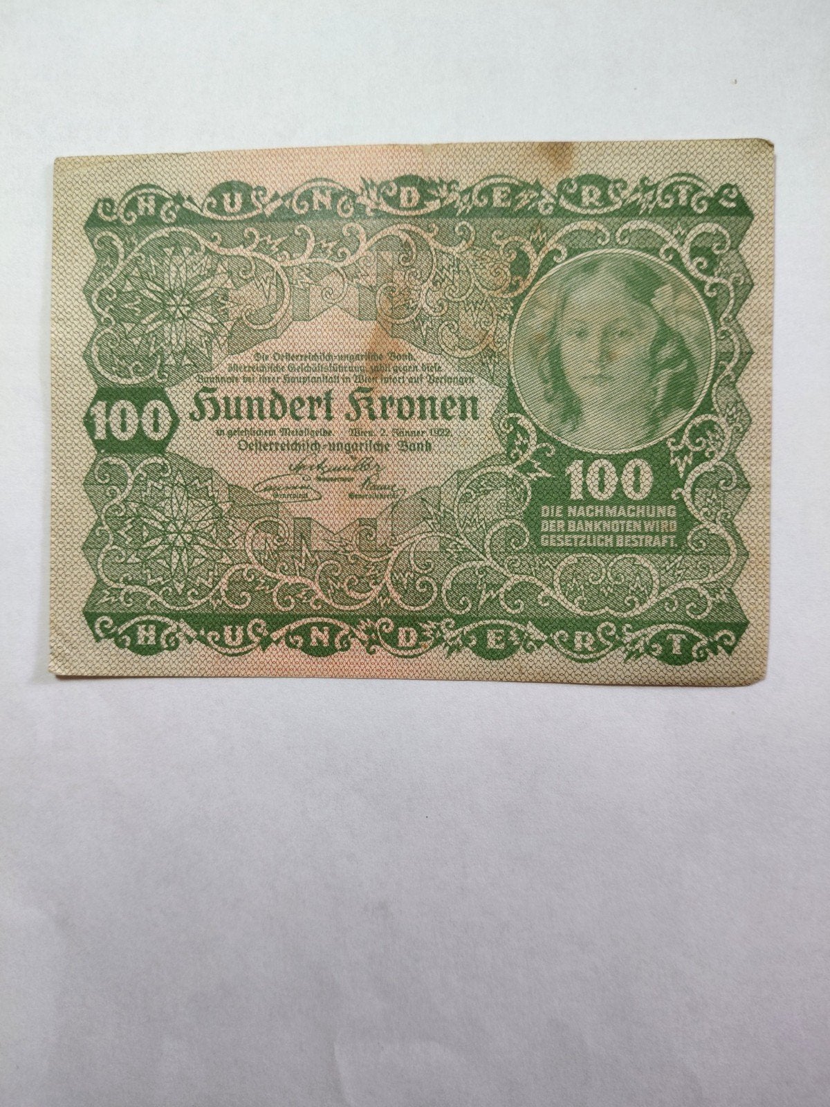 Oostenrijk 100 kronen 1922, Postzegels en Munten, Bankbiljetten | Europa | Niet-Eurobiljetten, Ophalen of Verzenden, Oostenrijk