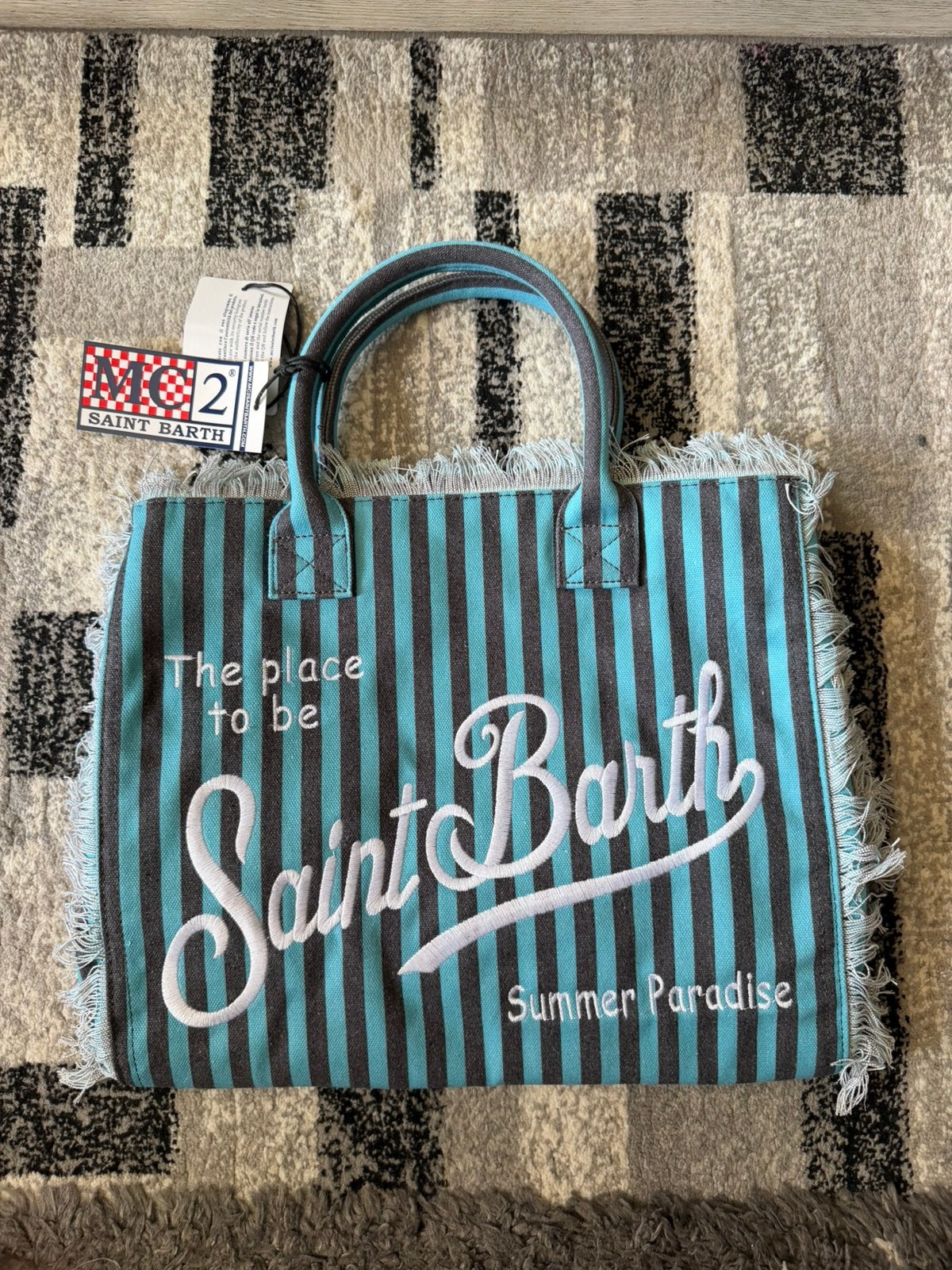 Turquoise gestreepte canvas strandtas – Ibiza shopper, Ophalen of Verzenden, Nieuw, Blauw, Shopper