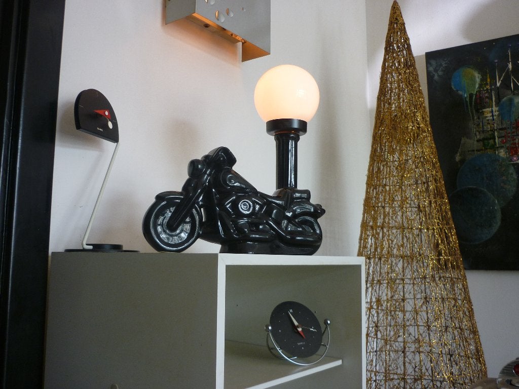 Harley Davidson low rider keramiek tafellamp 1987, Glas, Vintage, Met kap, E14 (klein)