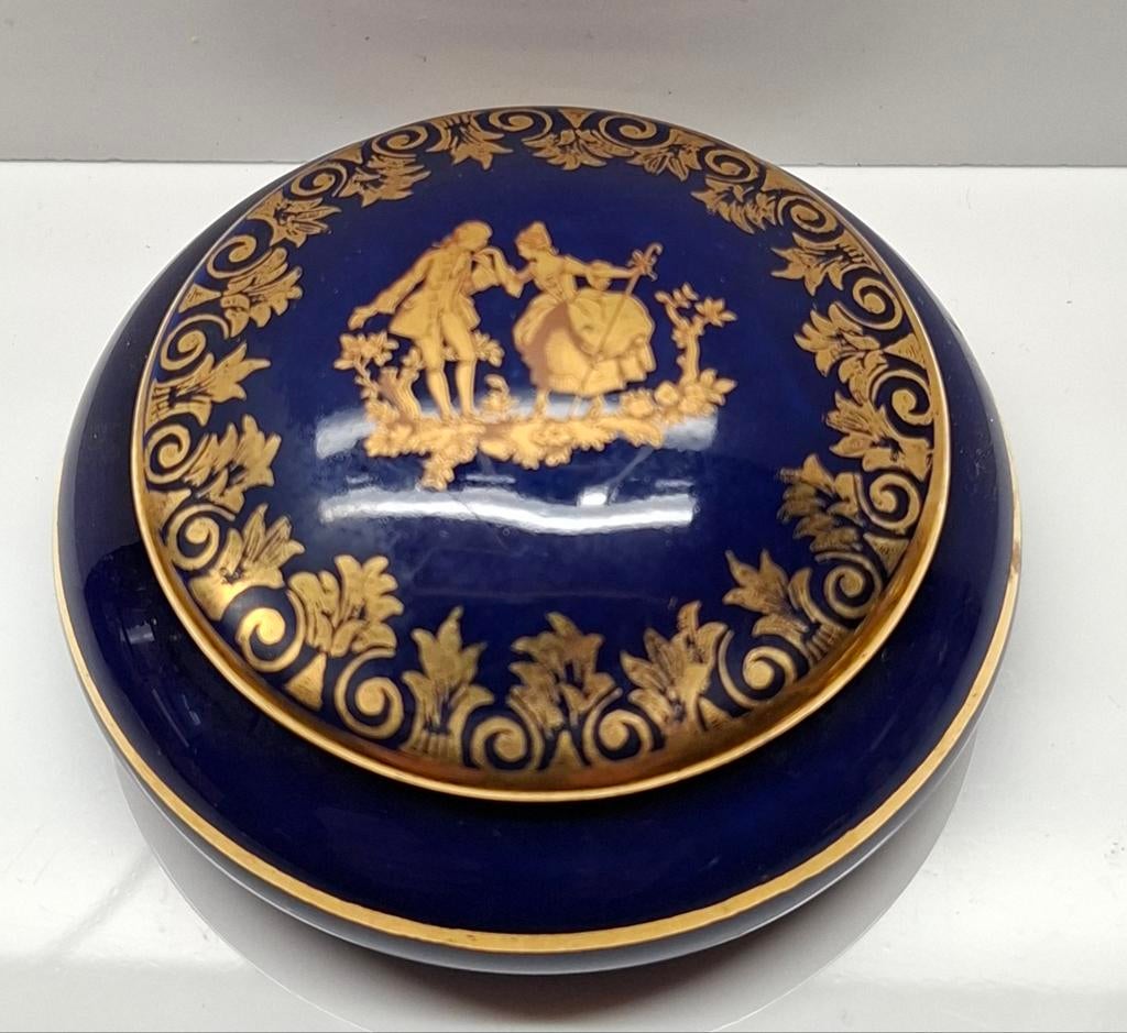 Antieke Limoges Porseleinen Juwelendoosje - Kobaltblauw, Ophalen of Verzenden