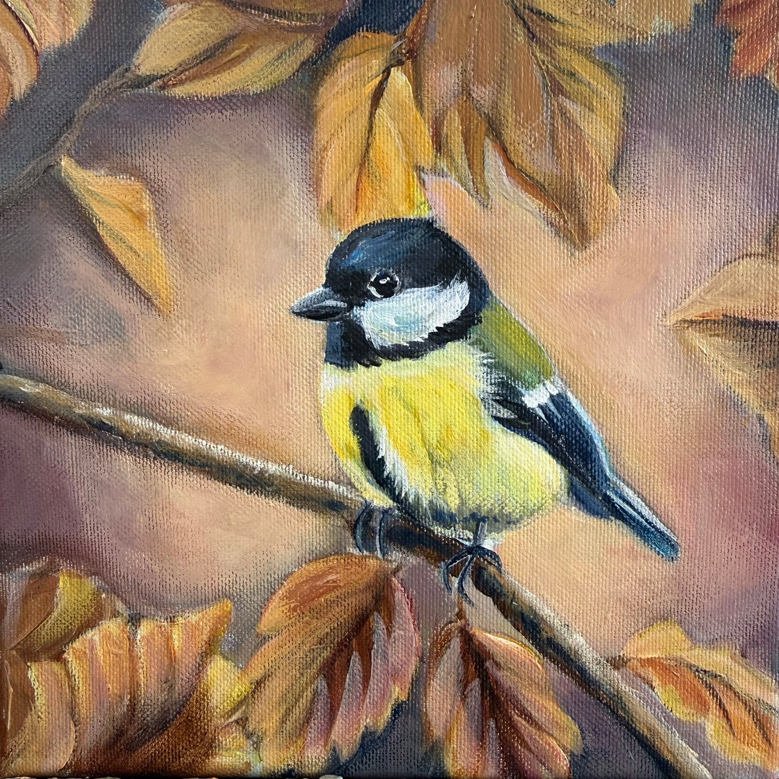 Schilderijtje koolmeesuit eigen atelier, Acrylverf, Ophalen of Verzenden, Dieren, Gelimiteerde oplage