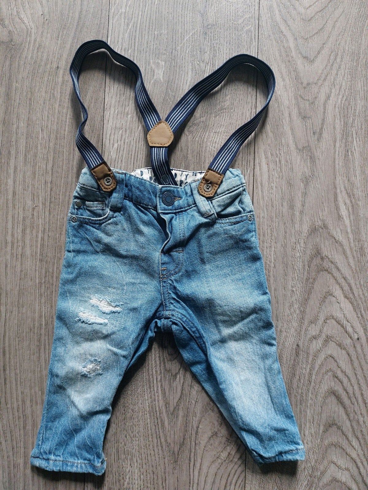 Vintage look jeans met bretels - Maat 74, Kinderen en Baby's, Broekje, Jongetje of Meisje, H&M, Ophalen of Verzenden